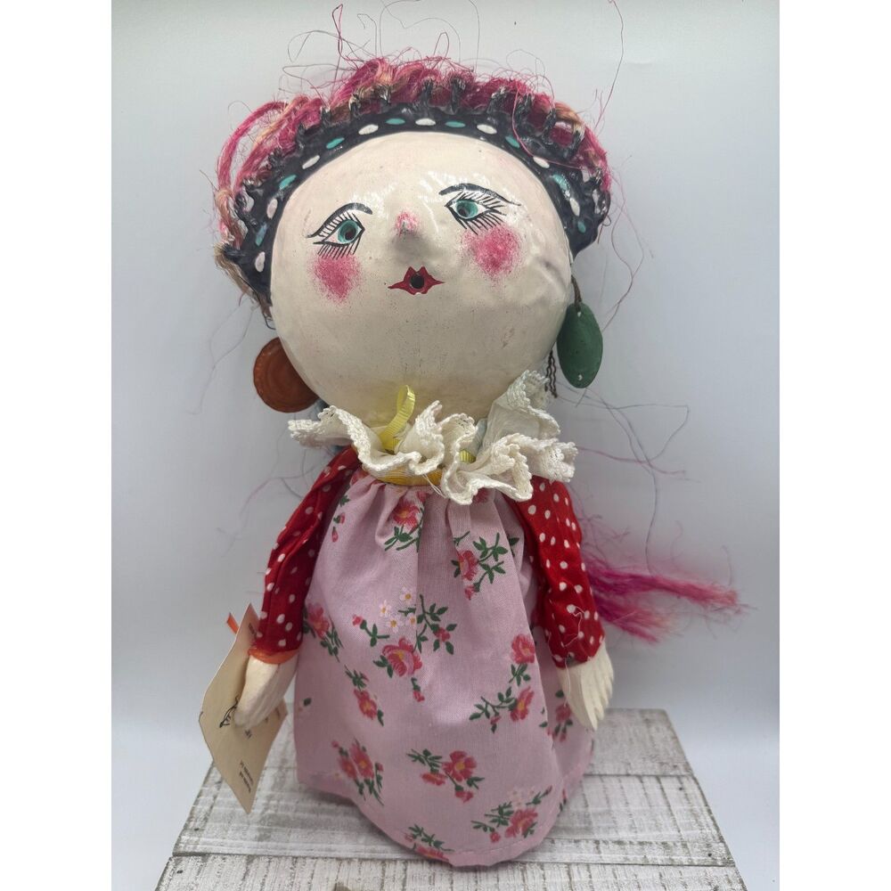 Handmade Mexican Folk Art Doll with Painted Face, Floral Dress
